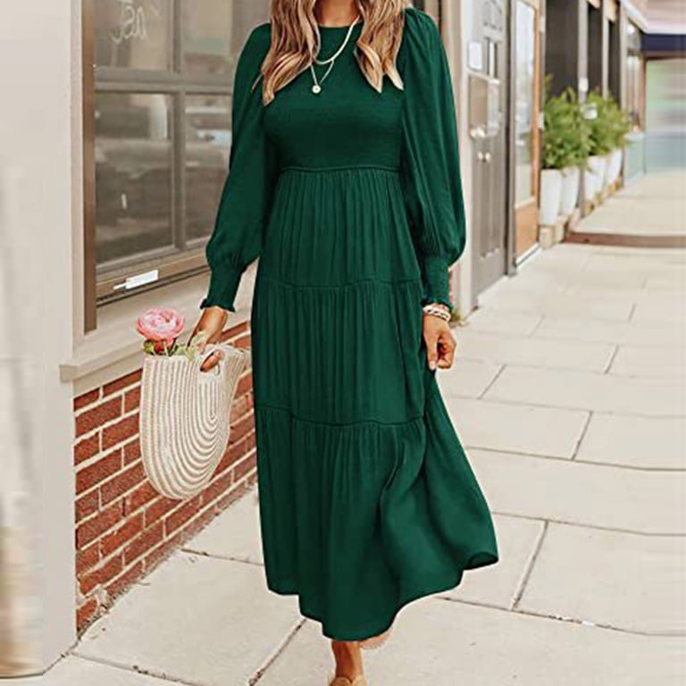 Women's 2024 Casual Long Sleeve Crew Neck High Waist Smocked Flowy Tiered  Midi Dress - Walmart.com