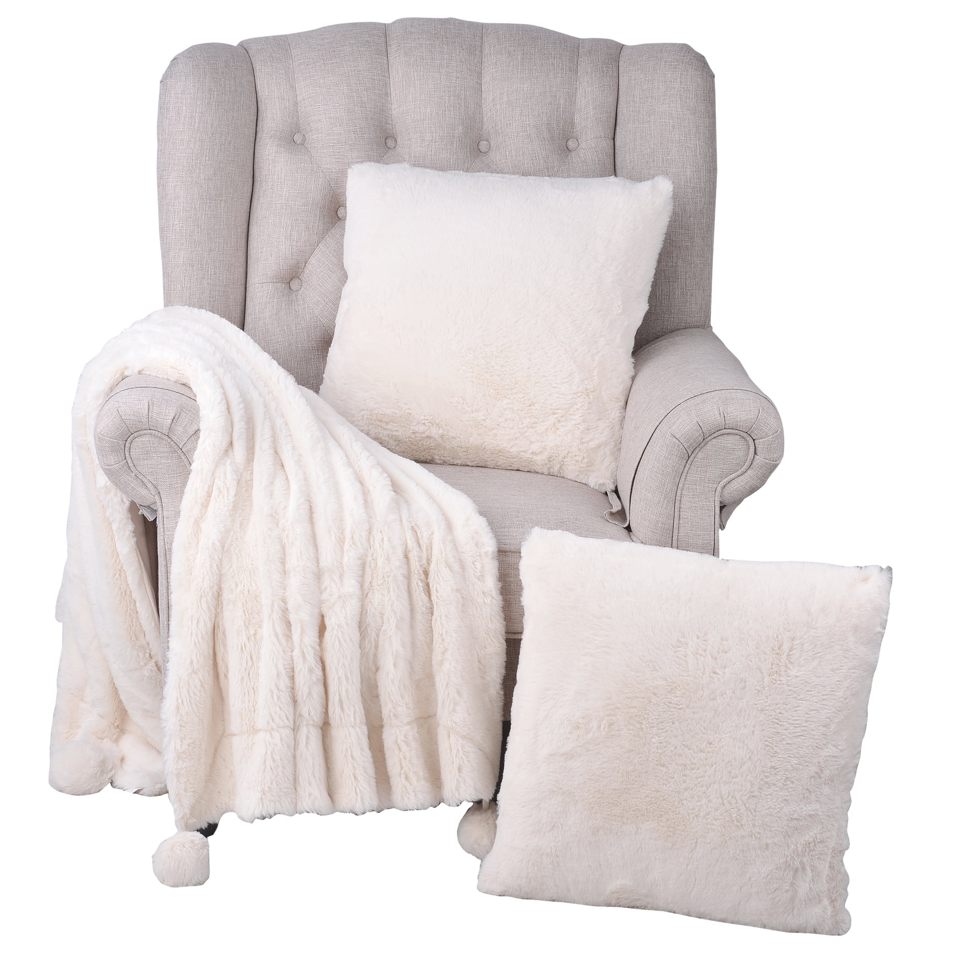 Home Soft Things Pompom Faux fur Throw & 2 Pillow Combo Ivory 50" x