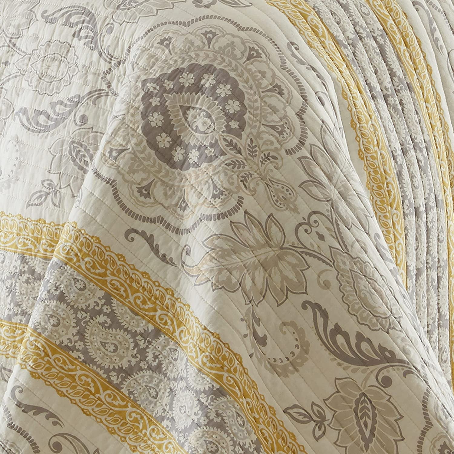Levtex Home - St. Claire Quilt Set - King Quilt (106x92in.) + Two King Pillow Shams (36x20in. ) - Suzani and Paisleys - Grey and Yellow - Reversible