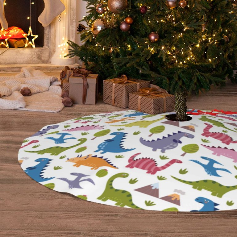 Dinosaur Christmas Tree Skirt - 36 Inch Holiday Mat, Soft Polyester, Xmas Halloween Decor, Pet-Friendly