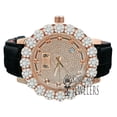 thumbnail image 2 of Rose Gold Tone Real Diamond Dial Watch Flower Bezel Mens Stainless Steel Khronos Genuine Leather Strap Band W/Date, 2 of 7