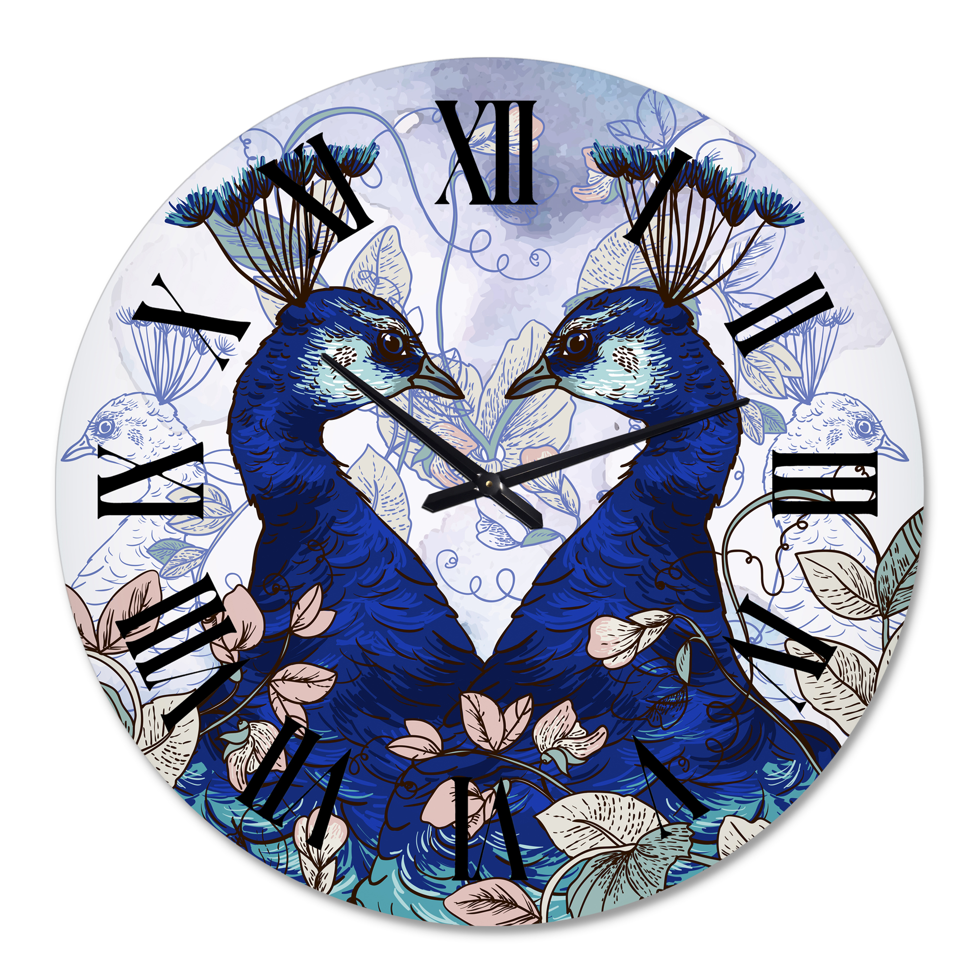 Designart 'Two Blue Peacocks With Wildflowers' Traditional Wall Clock