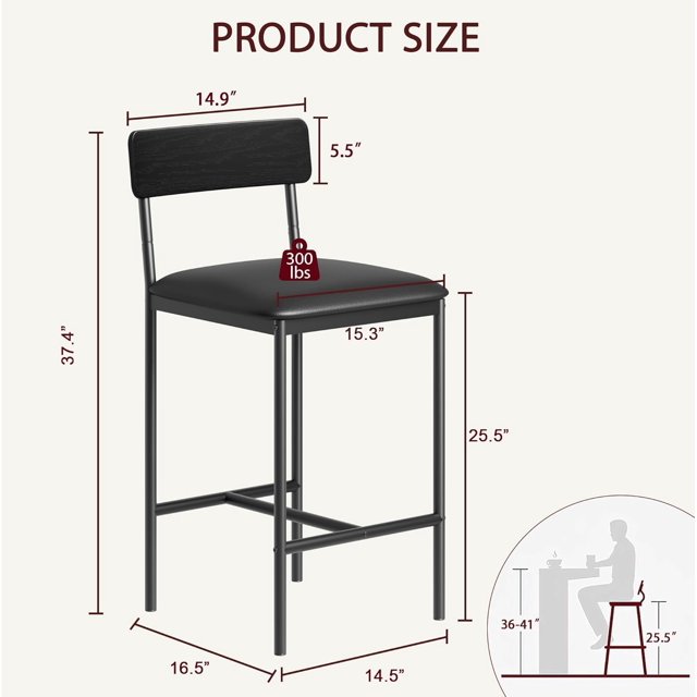 BeesClover Bar Stools Set of 2, Kitchen Bar Stools with Footrest, 25.5 Inches Upholstered Bar Chairs with Back, Counter Height Barstools for Counter Bar, Island, Easy Assembly, Rustic Brown