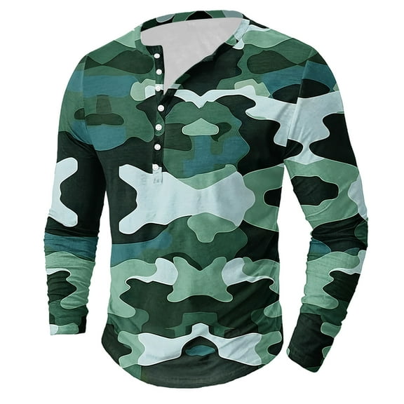 Dagegui Camo Henley Shirts for Men Long Sleeve Camouflage Pullover Shirt Big and Tall Crewneck Button T-Shirts Casual Outdoor Active Tees Tops Green L