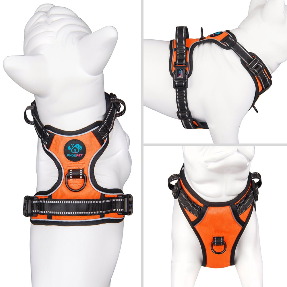 PHOEPET No Pull Dog Harness Medium Reflective Front Clip Vest with Handle, Adjustable 2 Metal Rings 2 Buckles,Orange