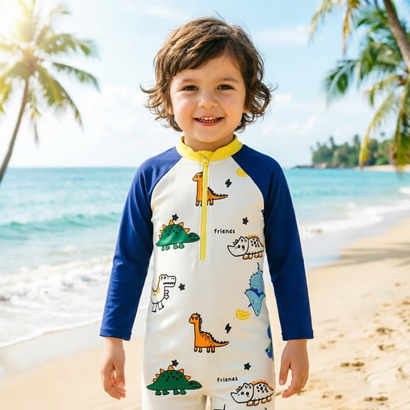 Baby Swimsuit Boy 2 Piece Dinosaur Print Round Neck Zip Long Sleeve One Piece And Hat for Beach Toddler Bathing Suit Boy Blue 4 Years-5 Years
