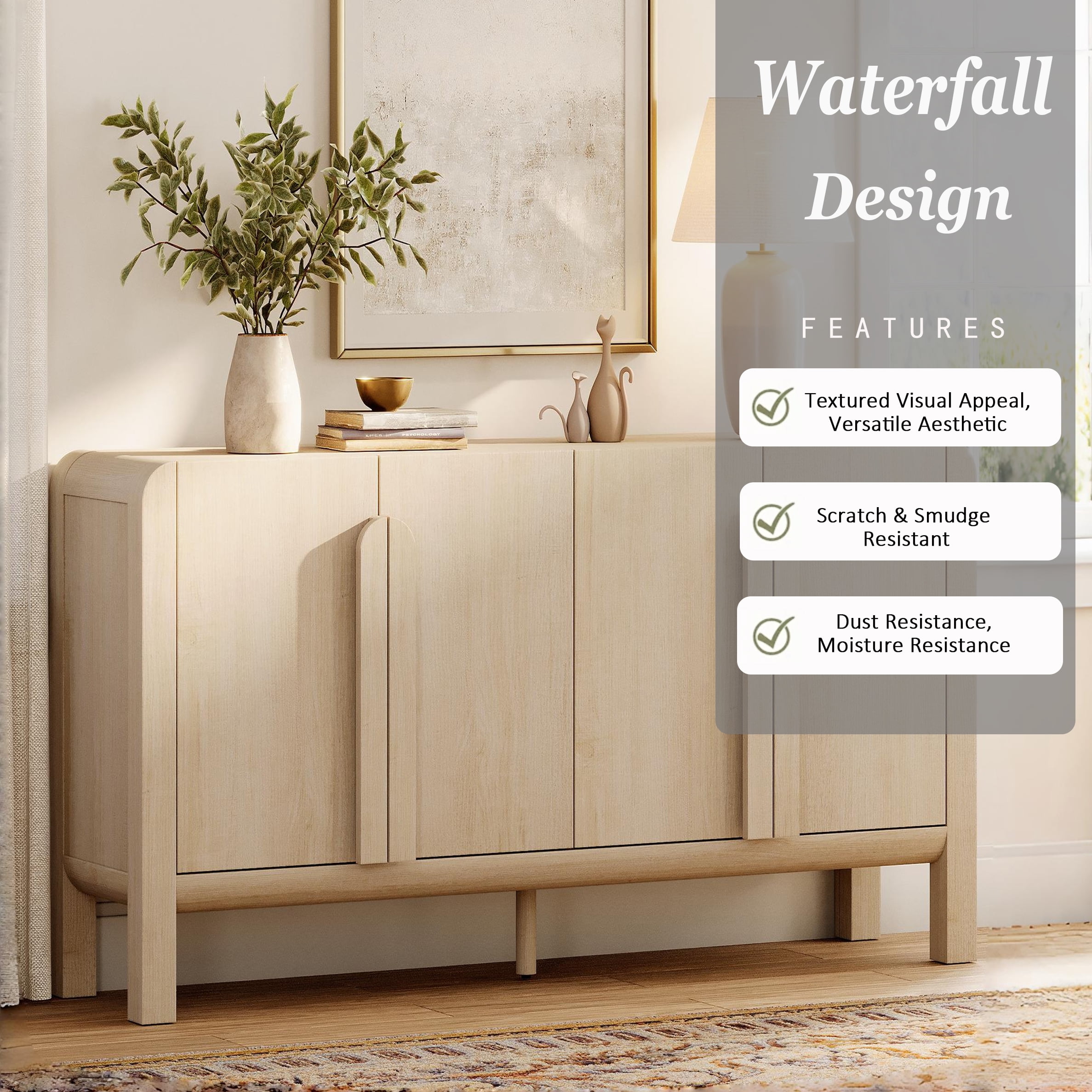 Mid-century 63" Wood Sideboard Buffet Cabinet with Storage, Modern Credenza with Doors and Adjustable Shelves for Kitchen Living Room, Dining Room