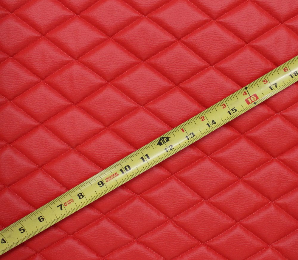 Quilted Vinyl Padded Upholstery Fabric w 3/8" Foam Backing Pebble Grain 2"x3" Diamond /52" Wide/Continuous Yard/ Vehicle Restoration, Costume Jacket Material, Quilted Backdrop, Stain Resistant (Red)
