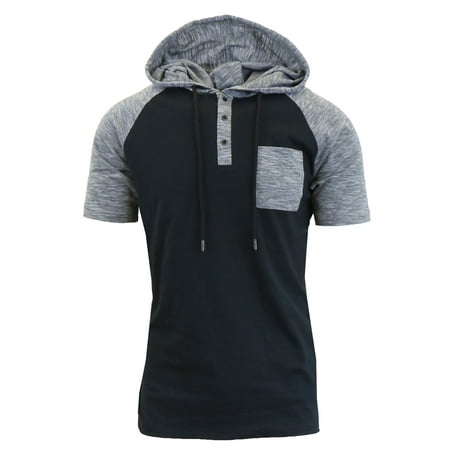 - Men's Short Sleeve Henley Hoodie With Contrast Trim