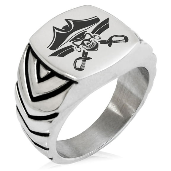 Stainless Steel Jolly Roger Skull Pirates Cross Swords Chevron Pattern Biker Style Polished Ring