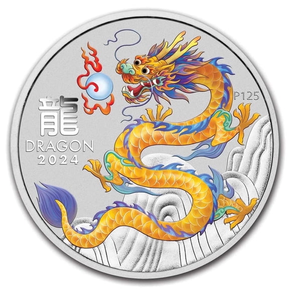 Perth Mint 2024 Silver Lunar Colorized Yellow Dragon Coin, 1 oz, Capsulated