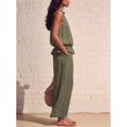 thumbnail image 5 of Women's Linen 2 Piece Outfits Sleeveless Ruffle Top Wide Leg Pants Summer Loungewear Beach Sets Green L, 5 of 8