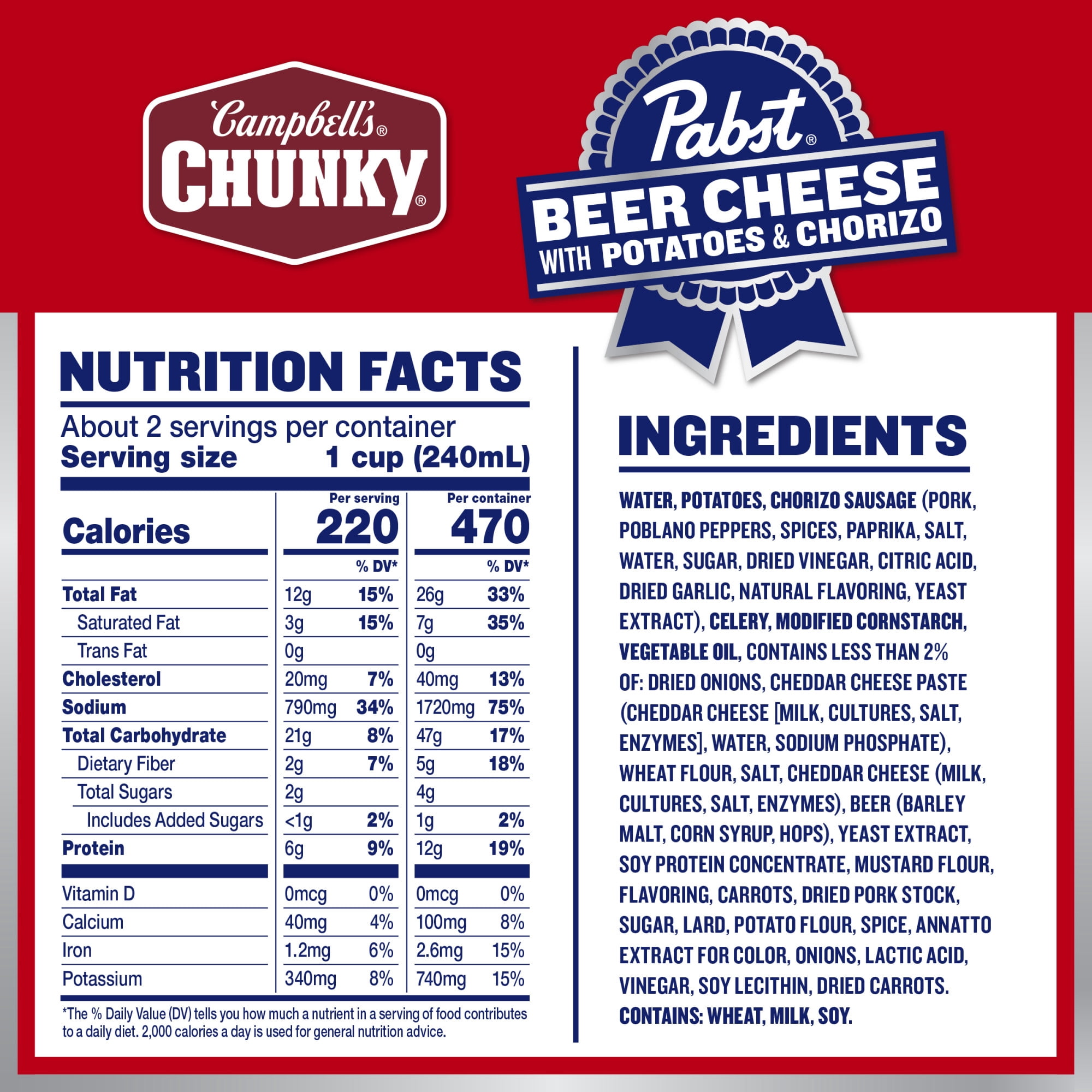 Campbell’s Chunky x Pabst Blue Ribbon Beer Cheese with Potatoes and Chorizo Soup, 18.8 oz Can