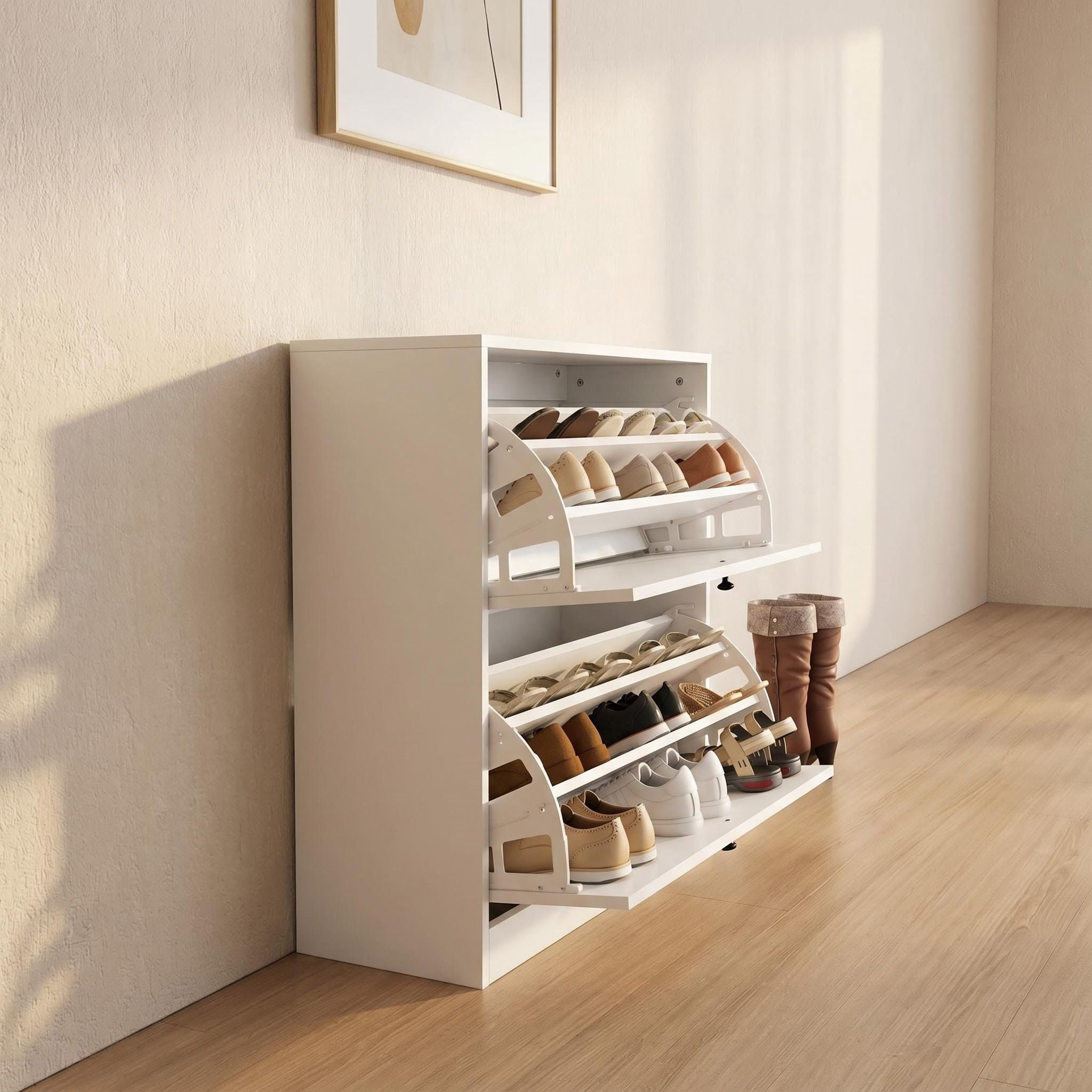 2-Tier Flip Drawer Shoe Storage Cabinet, Slim Space Saving White Shoe Organizer with Anti-Tipping Kit Vent Holes for Entryway Hallway Apartment, Holds 12-15 Pairs