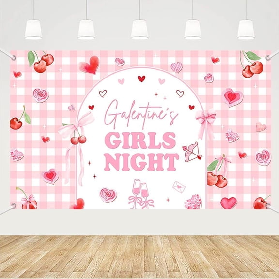 5.9x3.6FT Galentine's Girls Night Backdrop Cherry and Sweetheart Galentines Day Girls Night Photography Background Heart Galentine's Party Decorations Banner Cake Smash Photo Booth Supplies