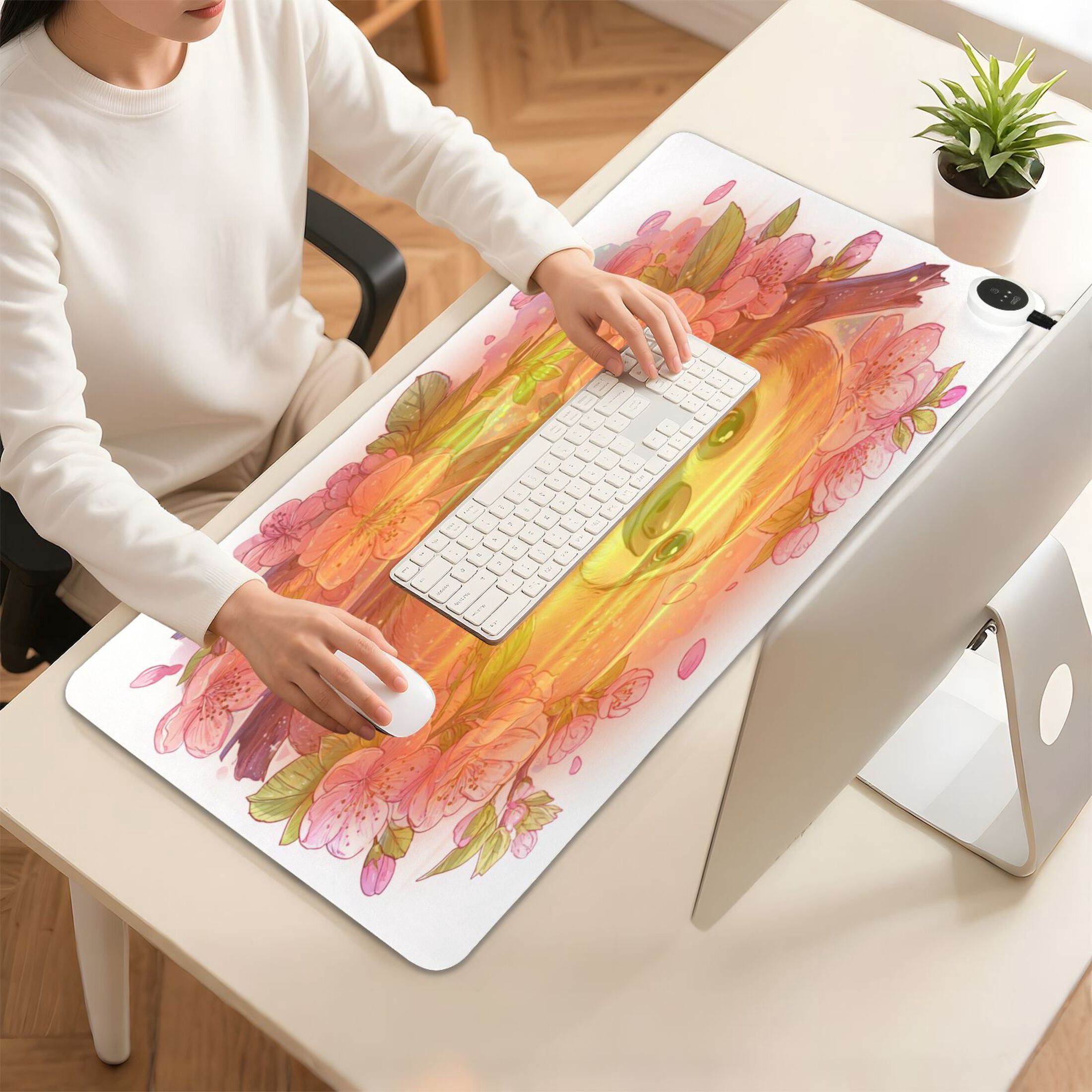 Large Heated Desk Mat Mouse Pad 31.5"x13"PU Leather Graphene Heating Desk Warmer with 3 Temperature Settings 110V US Plug Non-Slip Warm Pad for Home, Office, and Gaming Sloth in Cherry Blossoms