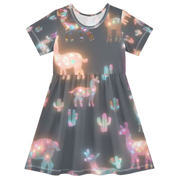 FORMRS Girls Short Sleeve Dress Summer Casual Round Neck A-line Beach Sundress, Sizes 2T-8T, Neon Llamas Pattern