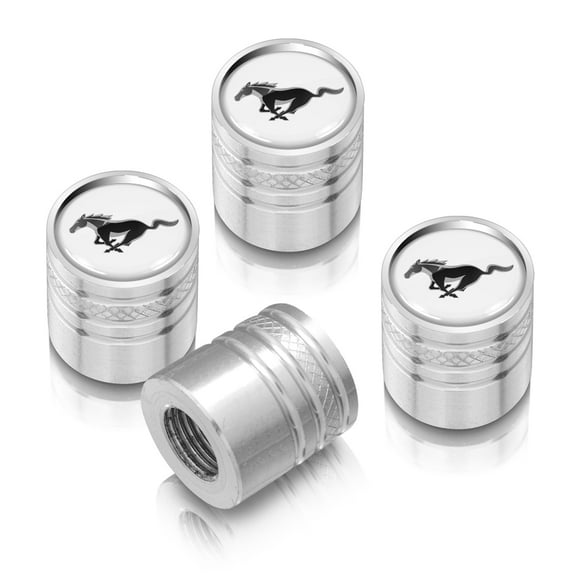 Ford Mustang GT White on Silver Aluminum Cylinder-Style Tire Valve Stem Caps