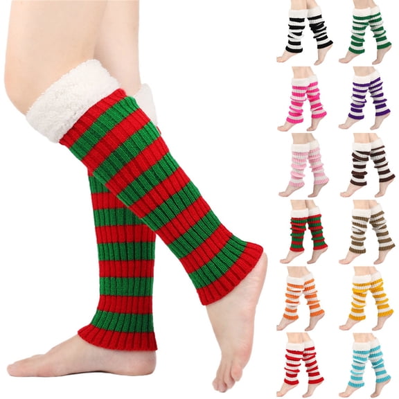 Women Winter Striped Knitted Sock Hairy Warm Leg Stacked Socks Christmas Warm Foot
