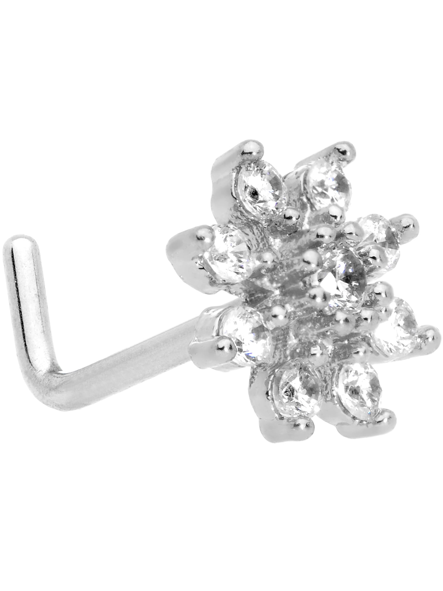 Sterling Silver Nose Stud Pin Ring L Shape Clear CZ Crystal Flower 20g 20 gauge 