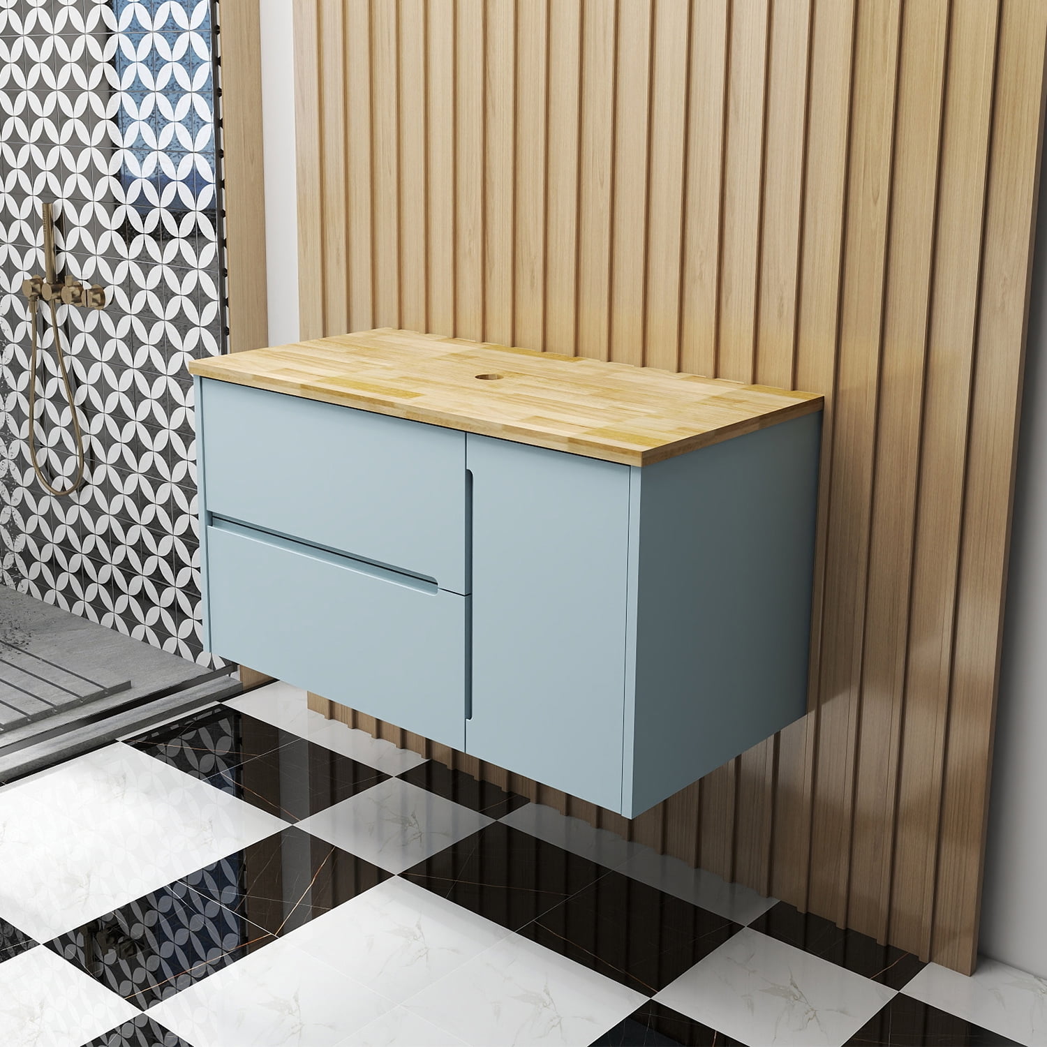 Demi Bonn 35" Single Door Wall Mounted Bathroom Vanities Cabinet with 2 Drawers, Faucets and Drains Not Included, Blue