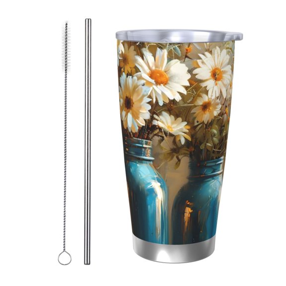 Rateoe Rustic Daisy Mason Jars Printed Car Guy Gifts for Men Women Tumbler - 20oz/590ml Vacuum Insulated Stainless Steel Travel Tumbler Cups with Lid & Straw-Straw Two-piece Set