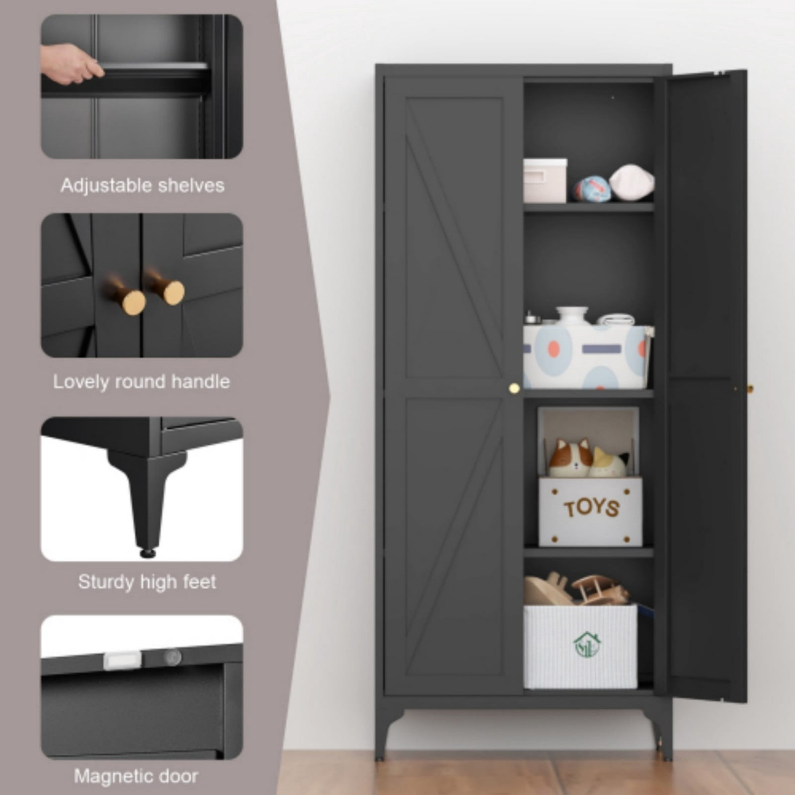 65" H Metal Storage Cabinet, 2-Door Steel Pantry Cabinet with Adjustable Shelves, Freestanding Kitchen Storage Cabinet for Living Room, Bedroom, Office, Black