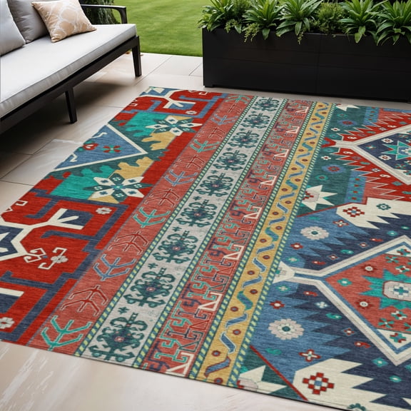 HomeRoots 598503 5 x 8 ft. Red, Pink & Teal Blue Aztec Washable Indoor & Outdoor Rectangle Area Rug