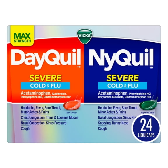 Vicks DayQuil & NyQuil SEVERE Cold & Flu LiquiCap Medicine, 24 count