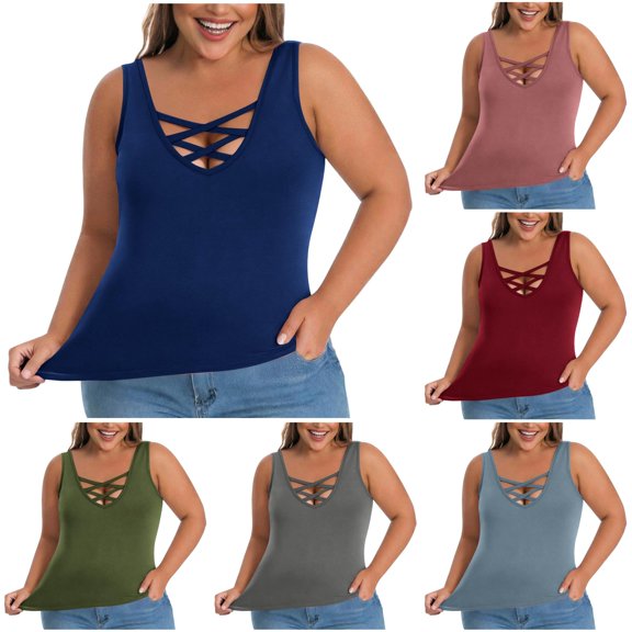 Tanghaowl Tank Tops for Women, Plus Size Tank Top With Built In Bra Wide Straps Support Comfort Summer Casual Wear Blue XXXL