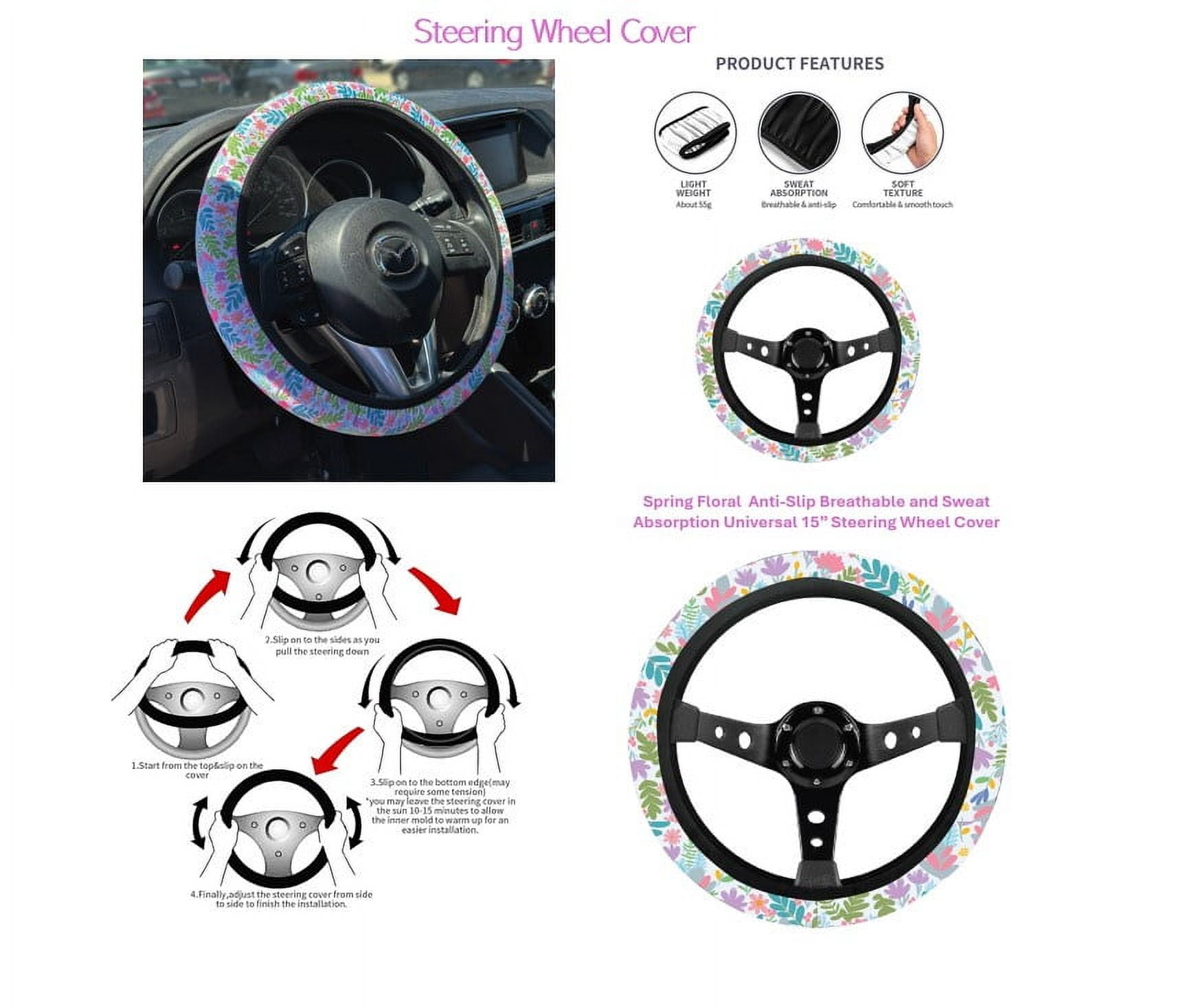 Women's Spring Floral Car Accessory Set with Seatbelt Cover, Steering Wheel Cover, and Coasters