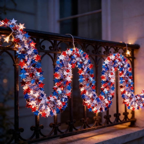 4th of July Tinsel Garland with 40 LED Lights, Red White Blue Patriotic Star Streamer for Independence Day Party, Memorial Day Home Decor, 6M/19.7ft Battery Operated