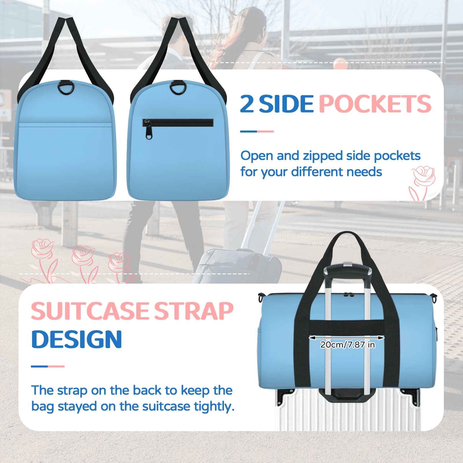 Herdesigns Lightskyblue Travel Duffle Bag Sports Yoga Weekender Overnight Carry on Workout Bags Lightweight Waterproof Gym Tote Bag for Women
