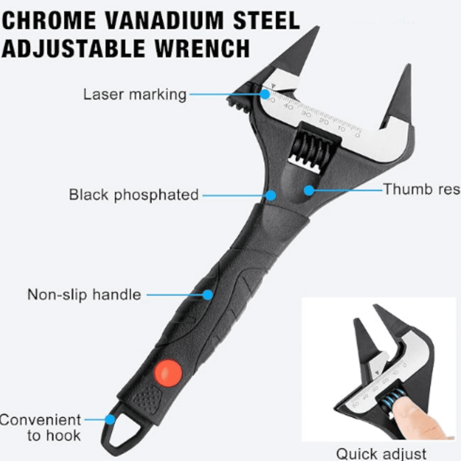 Slim Adjustable Wrench Set, 6" & 10" Wide Jaw Opening, Dual Scale With Metric and SAE Plumbing Wrenches, Deep Jaw With Soft Grip Handle