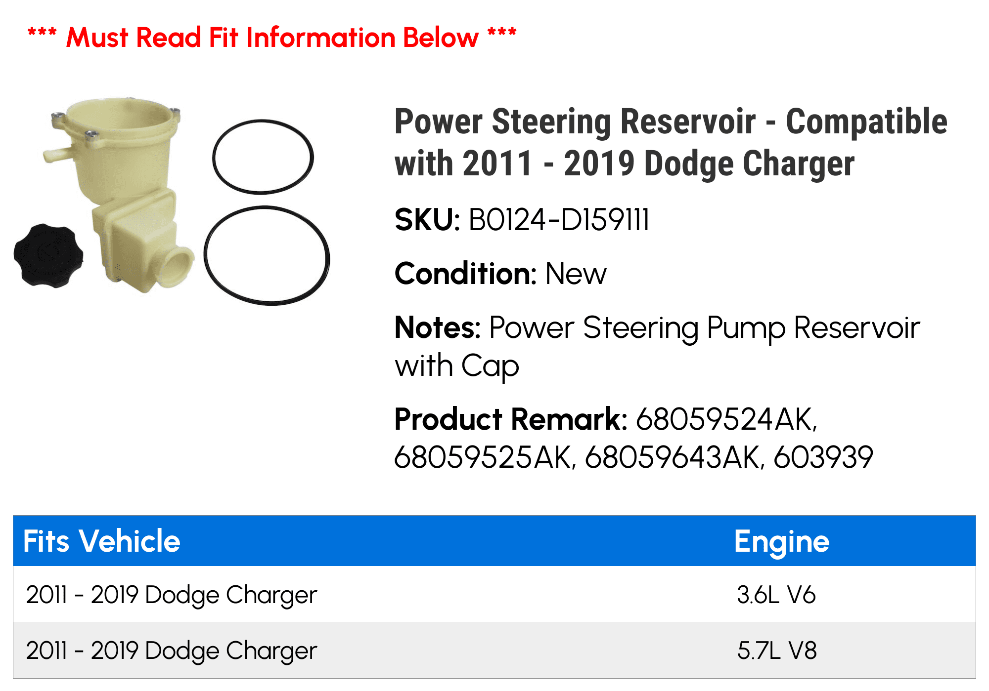 Power Steering Reservoir - Compatible with 2011 - 2019 Dodge Charger 2012 2013 2014 2015 2016 2017 2018
