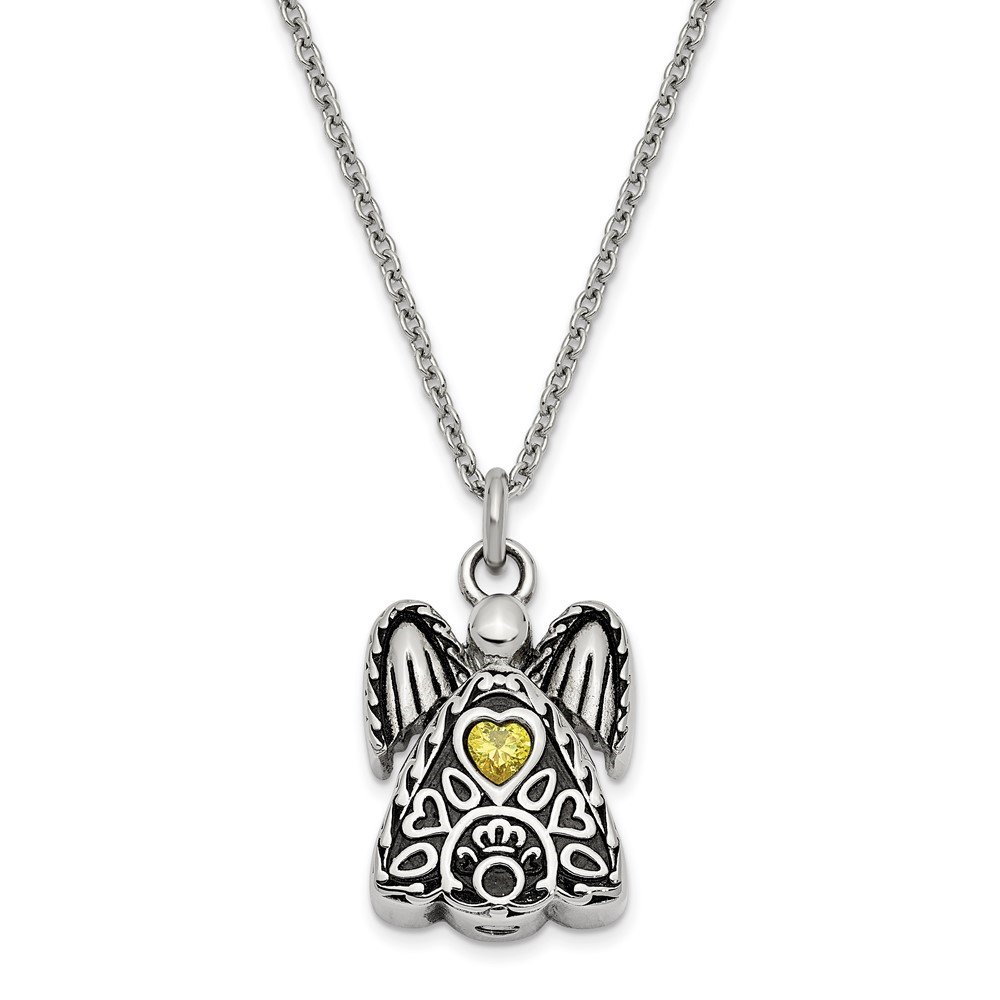 Auriga Fine Jewelry Stainless Steel Yellow CZ November Birthstone Antiqued Angel Ash Holder Necklace for Women 18"
