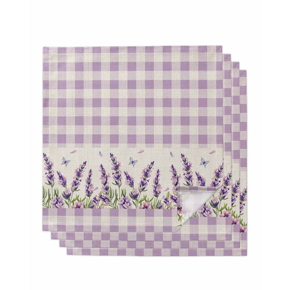 Purple Lavenders Cloth Napkins Set of 4 Reusable Dinner Napkins, Spring Floral Plaid Farmhouse Rustic Cocktail Napkin Washable Table Napkins for Wedding/Holiday Party/Baby Shower 20"x20"