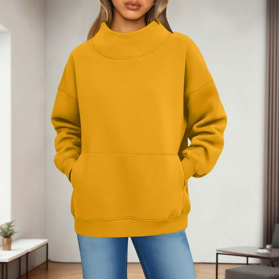 Womens Oversized Mock Neck Sweatshirts,Long Sleeve Pullover Plus Size Thick Tops,2025 Casual Fall Winter Outfits With Pockets Yellow XL