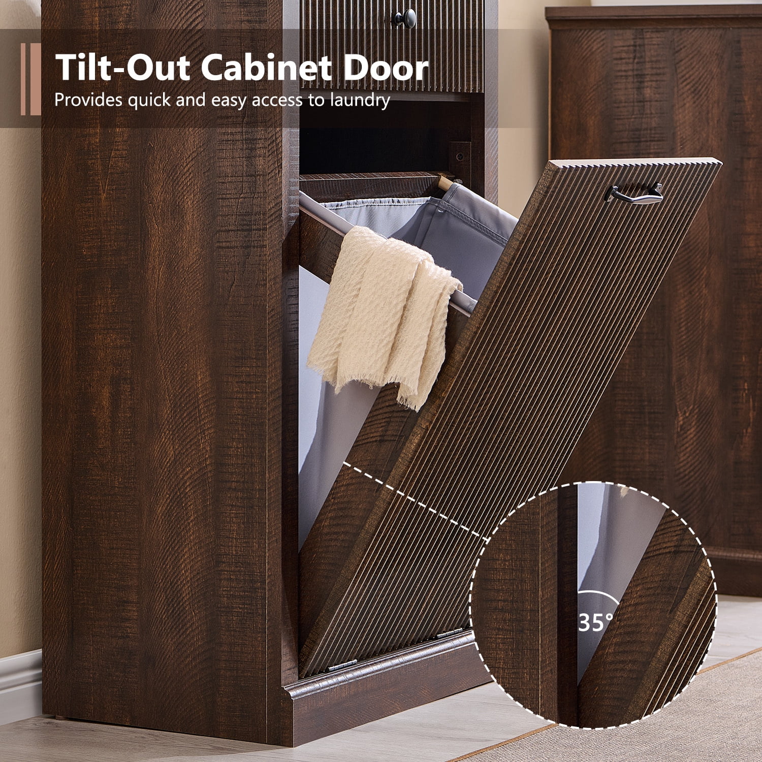IFGET Fluted Tilt-Out Trash Can Cabinet, 10 Gallon Wood Hidden Garbage Can Cabinets with Storage Drawers, Laundry Hamper Cabinet for Bathroom, Kitchen