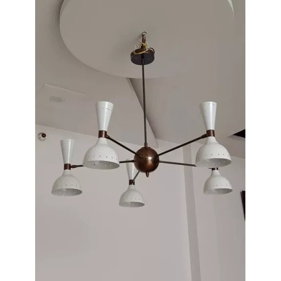 Mid Century Diabolo Ceiling Chandelier Light Fixture 5 Arms 10 Light Italian Chandelier With White Powder Coat