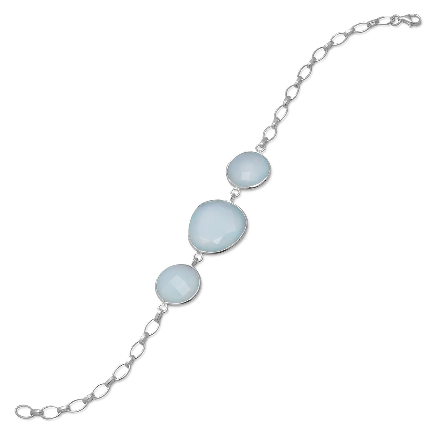 8 Inch Sterling Silver Link Bracelet 3 Faceted Sea Green Chalcedony Stones Stone Free Form 18mm by