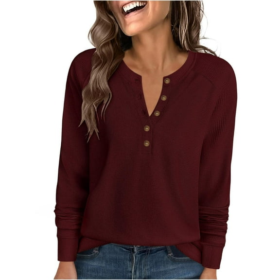 Qetyuw Noched V Neck Sweatshirts for Women Long Sleeve Waffle Knit Shirts Casual Button Up Sweatshirt Fall Basic Pullover