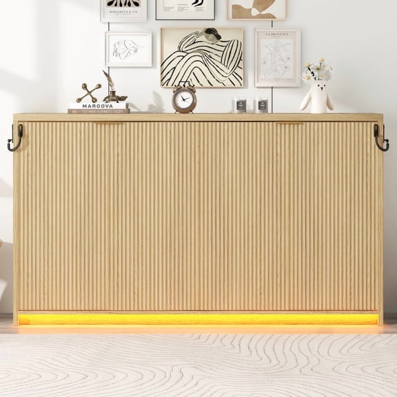 Twin XL Size Murphy Bed with LED Light, can be Folded into a Cabinet, Natural