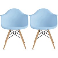 2xhome Set of 2 Blue Desk Chairs Mid Century Modern Plastic Dining Chair Molded Arms Armchairs Natural Wood Legs Desk No Wheels Accent Vintage Designer for Small Space Table Furniture Living Room DSW