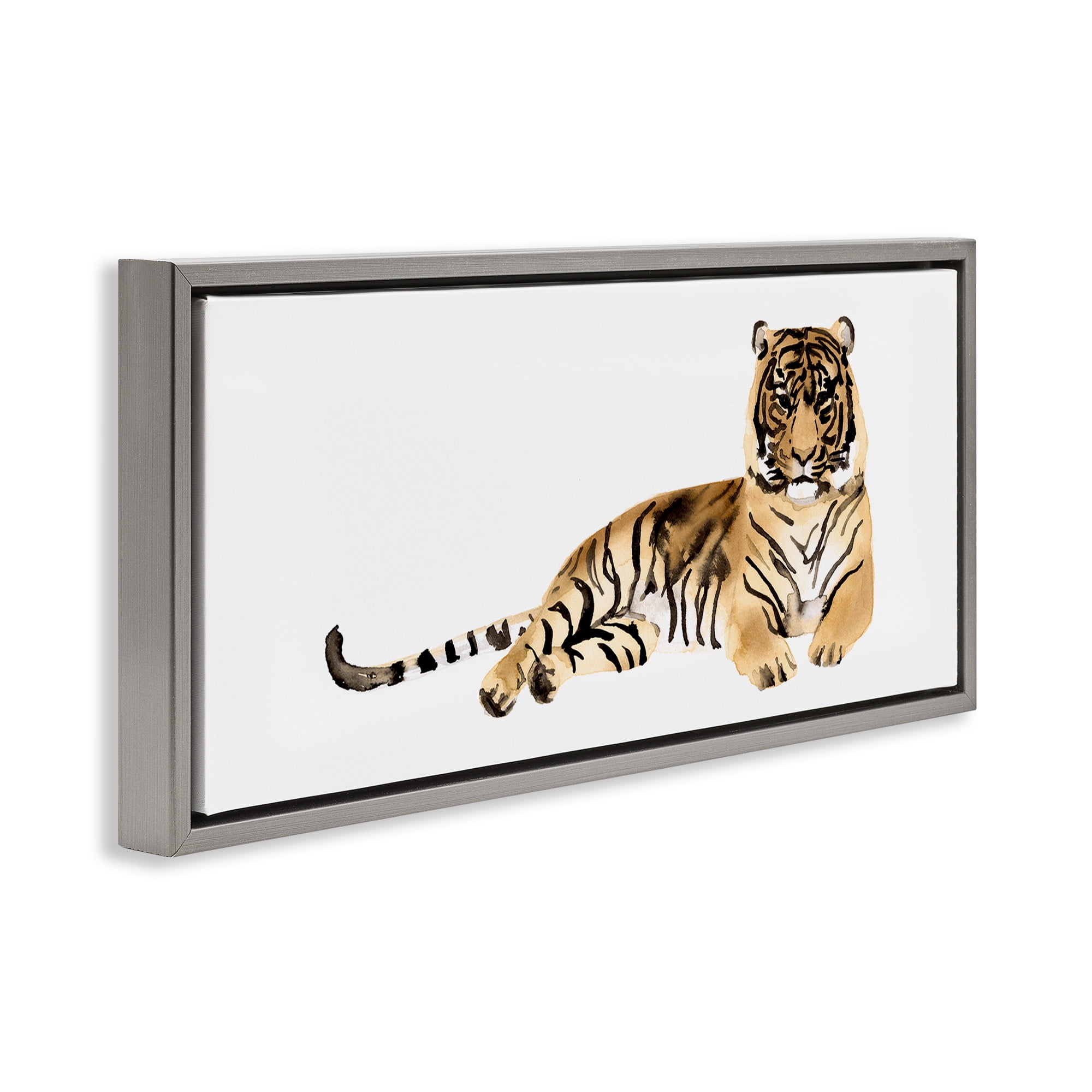 Stupell Industries Tiger Resting Orange Ink Watercolor Animals & Insects Painting Gray Floater Framed Canvas Art Print Wall Art, 31 x 14