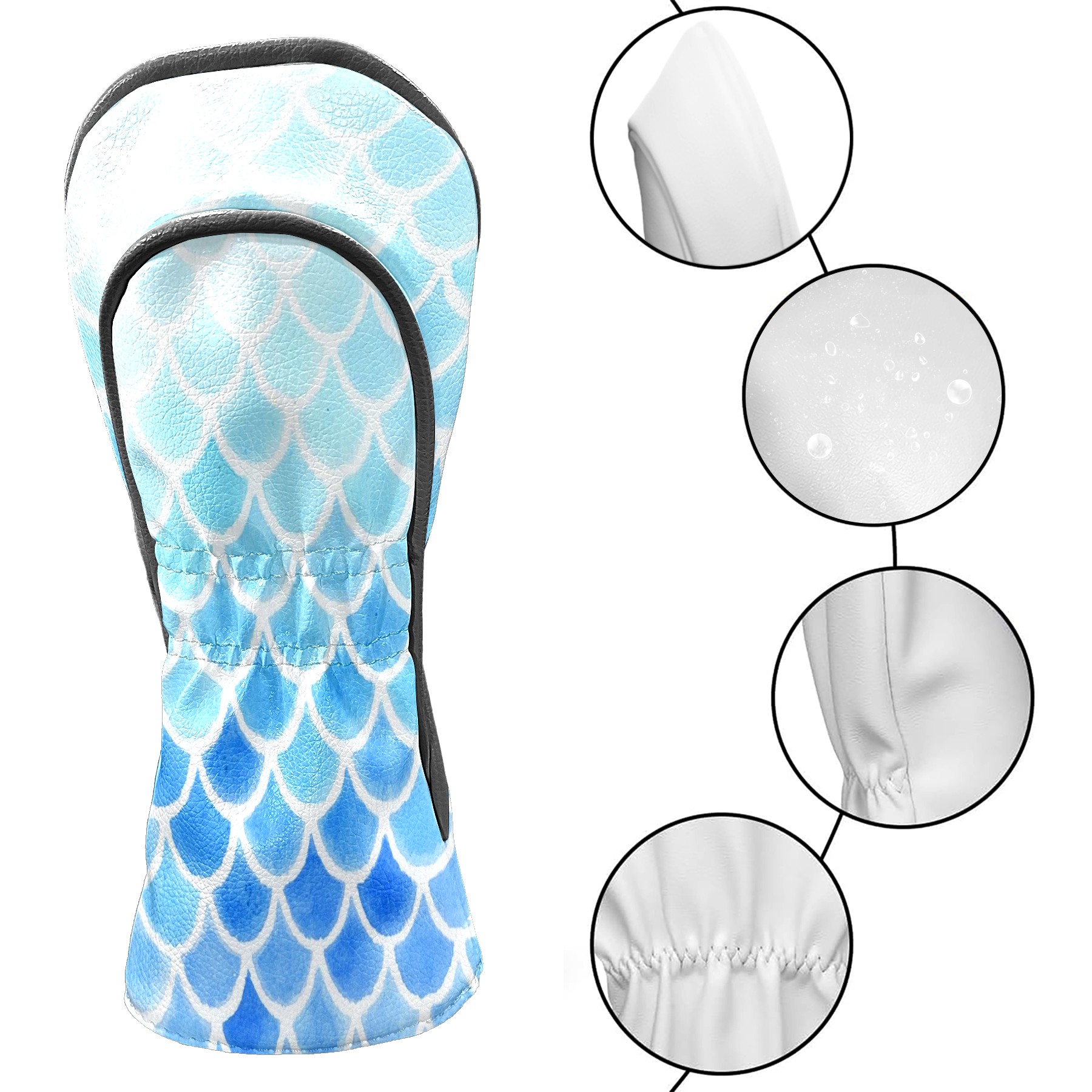 Golf Club Covers, Blue Mermaid Scales Premium PU Leather Driver Hybrid Putter Head Covers with Velvet Lining, Waterproof Golf Gifts for Men Women