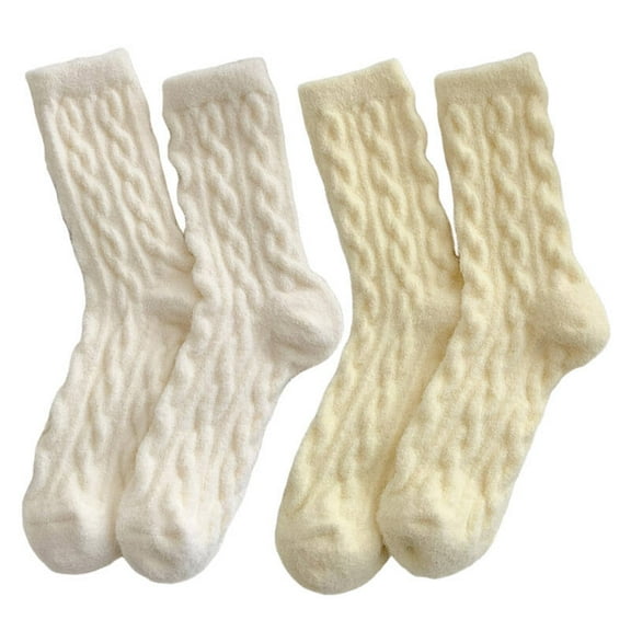 AUQ 2Pairs Socks Sweat-Absorbing and Odor-Resistant Fuzzy Socks,Macaron Color Scheme Anti-Slip and Friction-Free Long Socks,White and Yellow