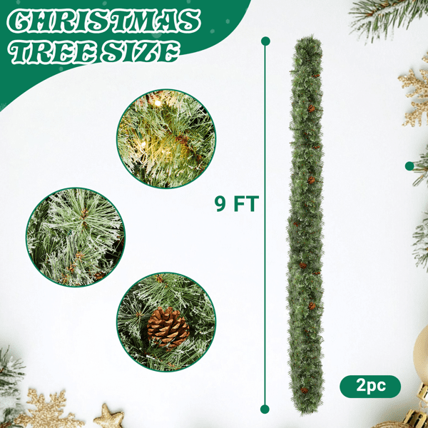 2-Pack 9FT Pre-Lit Snow Flocked Christmas Garlands, 440 Branch Tips, 200 Warm White LEDs, for Indoor/Covered Outdoor (Mantel/Staircase/Entryway)