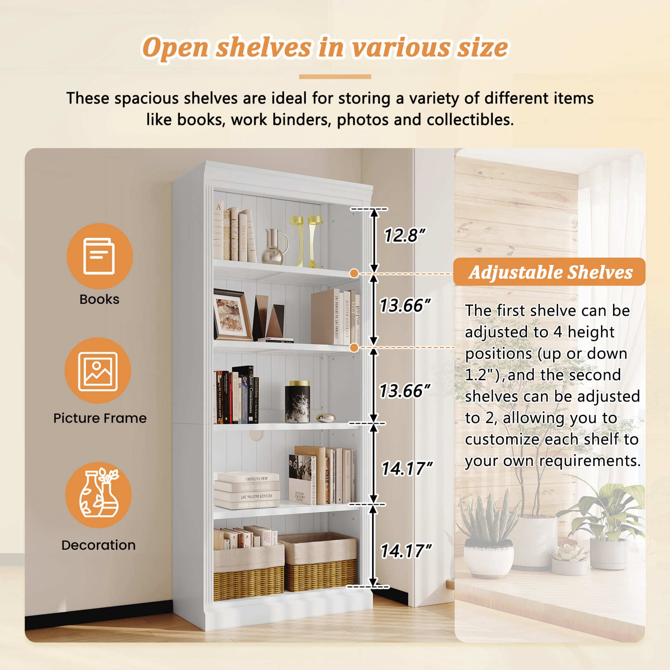 GDF Studio Halden 83.4" Wide 5-Tier Bookcase with LED Light, Adjustable Shelves & Cable Hole, Storage Bookshelf, White, Set of 2