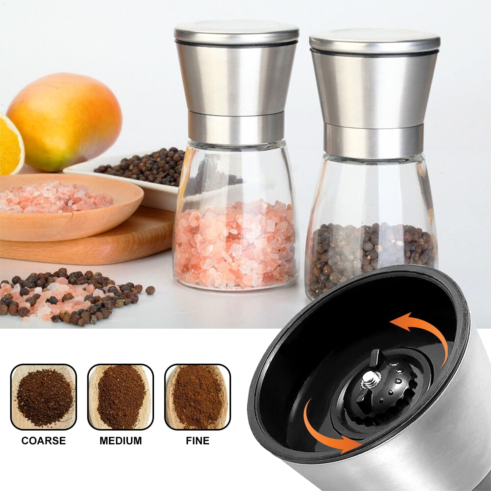 Salt and Pepper Grinder Set Refillable Adjustable Coarseness Stainless Steel with Ceramic Rotor Kitchen Spice Mills Set of 2